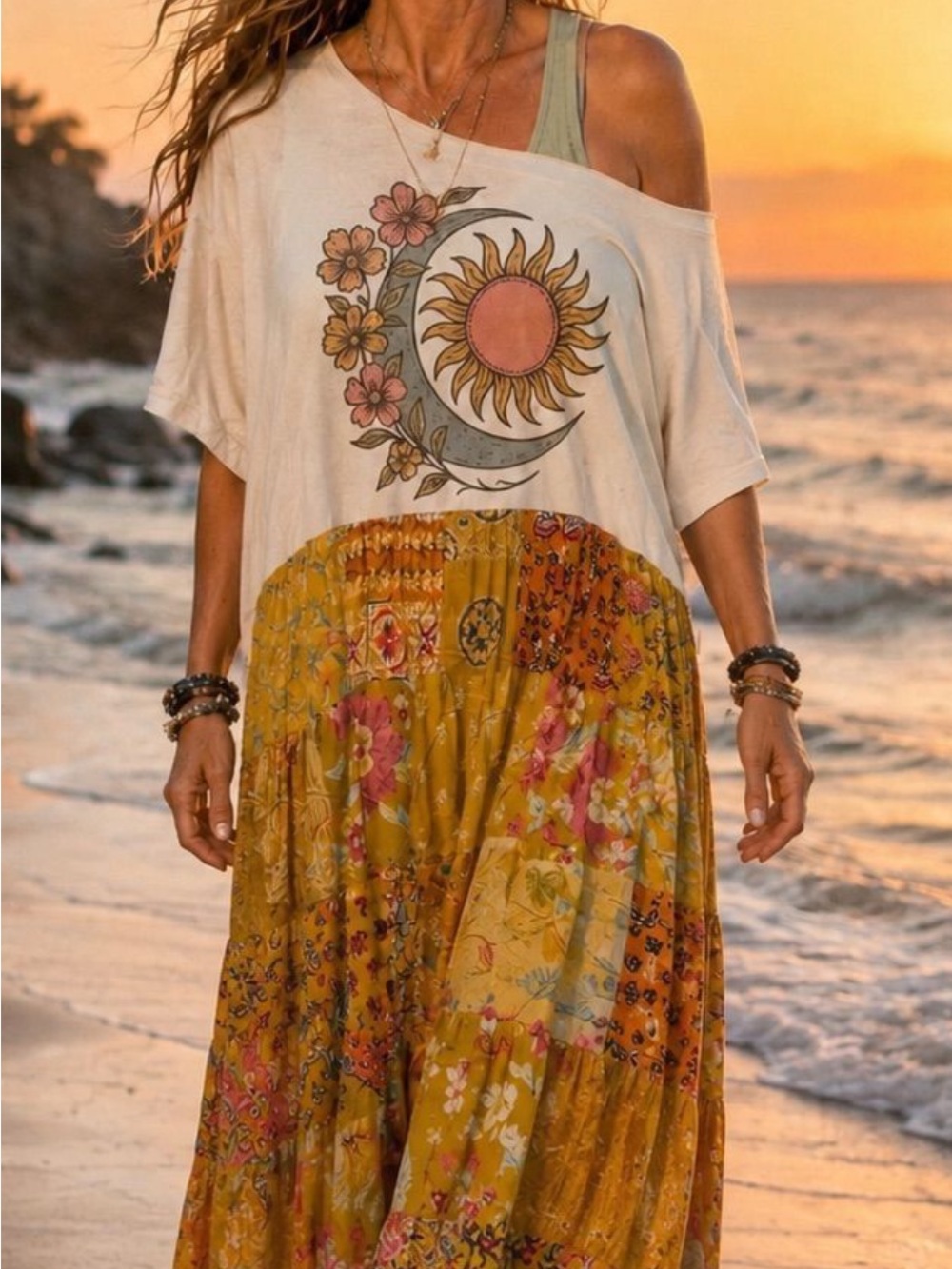 Women’s Cream Off-Shoulder Sun & Moon Graphic Upcycled Tee dress
